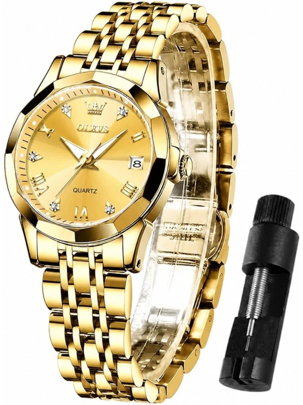 Women’s Gold Luxury Stainless Steel Waterproof Quartz Analog Dress Wrist Watch